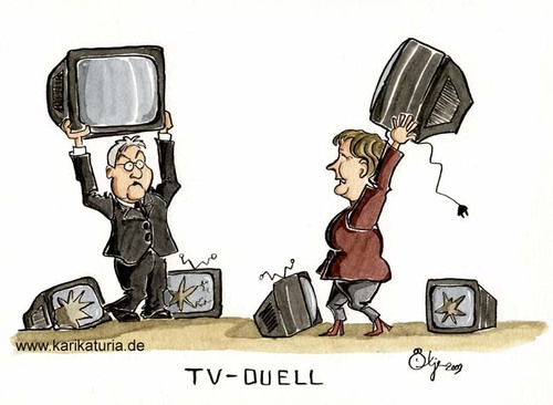 Cartoon: TV-Duell (medium) by Bernd Ötjen tagged tv,duell,angela,merkel,steinmeier,frank,walter,fernsehen,kanzlerduell,wahlkampf,sendung,ard,zdf,rtl,sat1
