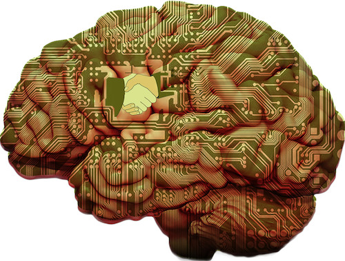 Cartoon: Meeting of great minds (medium) by zu tagged brain,circuit,handshake