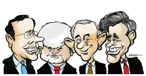 Cartoon: Republican candidates (medium) by jeander tagged election,race,candidates,santorum,gingrich,paul,romney,wahl,wahlen,paul romney,usa,republikaner,paul,romney
