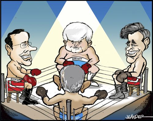 Cartoon: The Candidates (medium) by jeander tagged usapresident,election,republicans,ron,paul,mitt,romney,newt,gingrich,rick,santorum,usa,wahlen,republikaner,romney