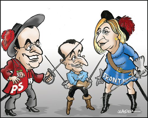 Cartoon: The challengers. (medium) by jeander tagged france,president,election,sarkozy,sarkosy,marine,le,pen,francois,hollande,frankreich,präsident,sarkozy,holland