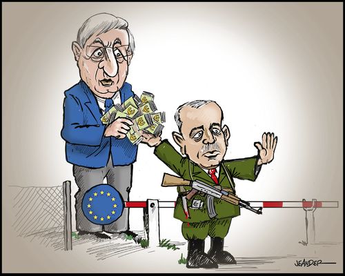 Cartoon: The Frontier guard (medium) by jeander tagged guard,frontier,erdogan,eu,juncker,euro,guard,frontier,erdogan,eu,juncker,euro