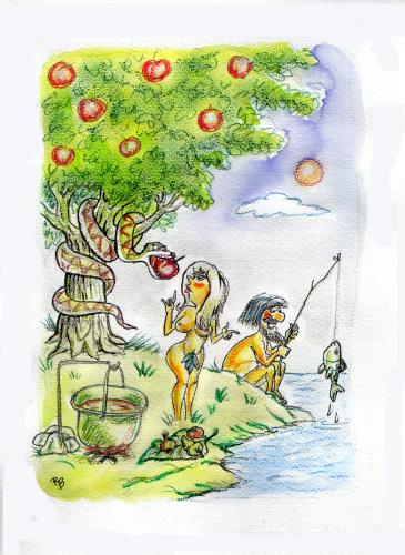 Cartoon: Adam -Eva (medium) by rakbela tagged rb,paradise,adam,eva,apple