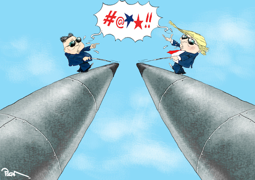 Cartoon: Korea And US Missile Crisis (medium) by Popa tagged korea,missile,threats,nuclear,kim,jong,un,trump,us,dprk