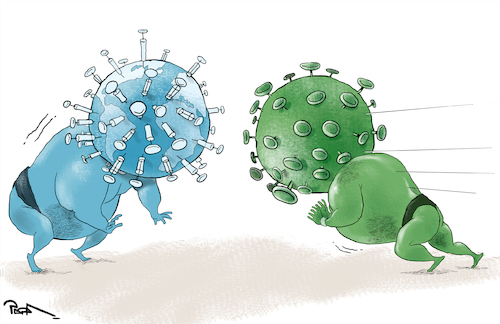 Cartoon: The battle continues! (medium) by Popa tagged corona,covid,19,pandemic,health,who,disaster