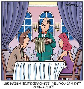 Cartoon: angebot (medium) by pentrick tagged mann,frau,man,woman,restaurant,spaghetti,angebot,offer,essen,dinner,