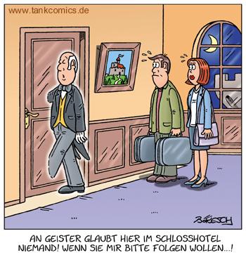 Cartoon: schlosshotel (medium) by pentrick tagged cartoon,bökesch,gerd,butler,vacation,urlaub,ghost,geist,castle,hotel,burg,schloss,tank,comics,tankcomics