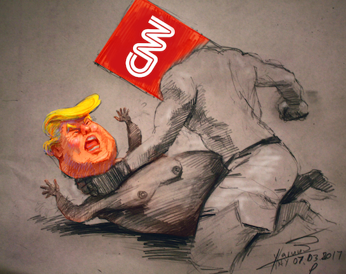 Cartoon: Pussy Grabber Trump Ass Kicked (medium) by ylli haruni tagged pussy,grabber,trump,ass,kicked,donald,president,cnn,press,journalist,nmbs
