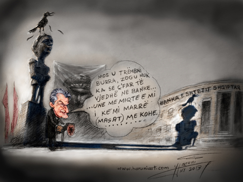 Cartoon: Sali Berisha ne Ahmet Zogun (medium) by ylli haruni tagged zogut,busti,monumenti,presidentialbania,shqiperise,mbreti,zogu,ahmet,berisha,sali,karikature