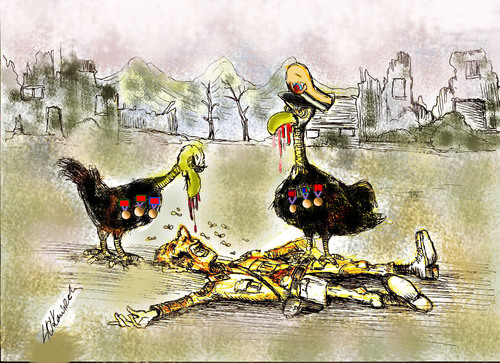 Cartoon: the real winner of the war (medium) by hakanipek tagged war,vultures,decline,defeat,triumph,the