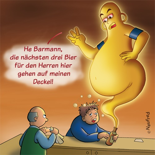 Cartoon: Verschenkte Wünsche (medium) by neufred tagged geist,flashengeist,ghost,bottle,bier,kneipe,trinken,alkohol,wünsche,wunderlampe,flaschengeist,bar,flasche,bierbauch,lokalrunde,betrunken