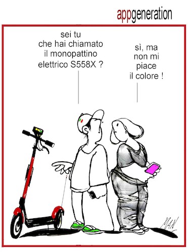 Cartoon: app generation (medium) by Enzo Maneglia Man tagged vignette,umorismo,grafico,problemi,micromobilita,monopattini,elettrici,noleggio