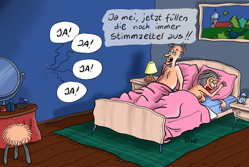 Cartoon: Die nächtliche Abstimmung (medium) by rene tagged abstimmung,urne,volksabstimmung,liebe,erotik,bett,bumsen,schreien,ruhestörung,schlafen,schlaflosigkeit,stimmzettel,ausfüllen