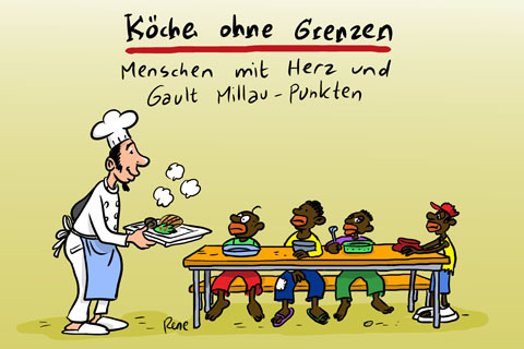 Cartoon: Köche mit Herz (medium) by rene tagged hilfe,kinder,küche,koch,kochen,essen,gourmet,gauld,hilfswerk,helfen,hunger
