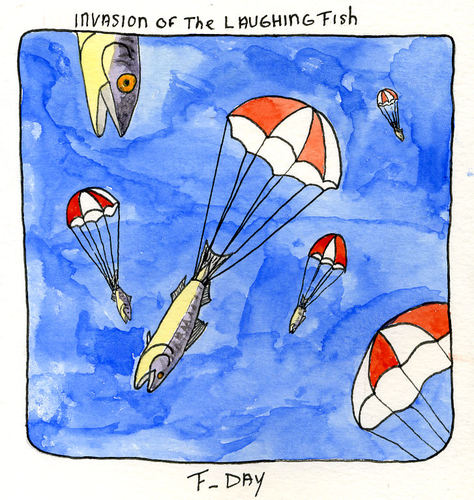 Cartoon: Invasion of the Laughin Fish (medium) by mhoogebo tagged drawing,watercolour,absurdism,parachute,fish