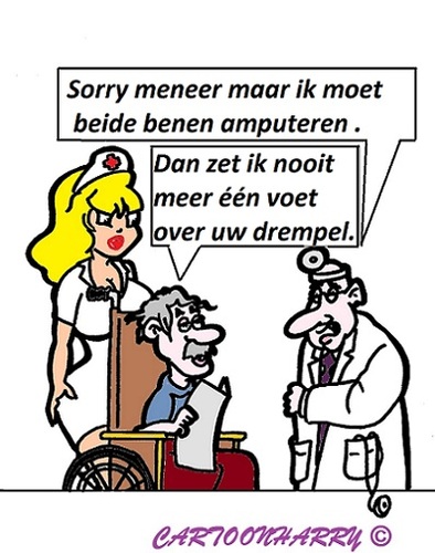 Cartoon: Drempel (medium) by cartoonharry tagged dokter,patient,zuster,amputatie,amputeren,drempel,cartoon,cartoonist,cartoonharry,dutch,toonpool