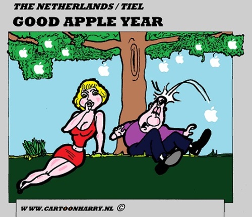 Cartoon: GOOD APPLE YEAR (medium) by cartoonharry tagged apples,apple,pc,computer,internet,ipad,cartoon,comic,comics,comix,artist,art,arts,drawing,cartoonist,cartoonharry,dutch,usa,steve,jobs