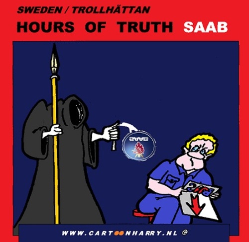 Cartoon: Hours of Truth SAAB (medium) by cartoonharry tagged müller,saab,truth,cartoon,cartoonist,cartoonharry,work,jobless,dutch,sweden,toonpool