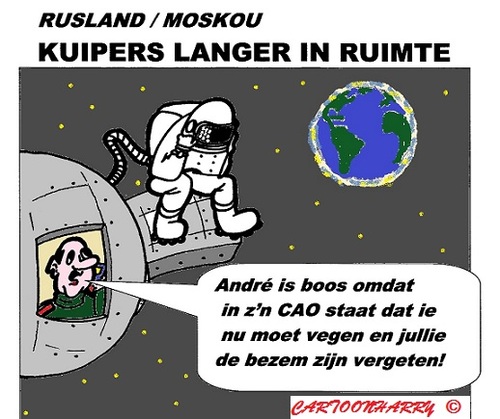 Cartoon: Langer in de Ruimte (medium) by cartoonharry tagged toonpool,dutch,cartoonharry,cartoonist,bezem,vegen,langer,kuipers,andre,cartoon,esa,space,ruimte