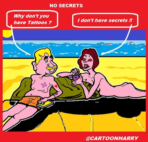 Cartoon: No Secrets (medium) by cartoonharry tagged beach,naked,tattoos,summer,secrets