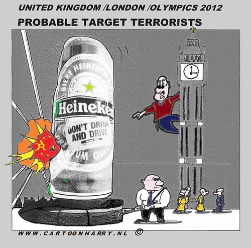 Cartoon: Target 2012 During Olympics (medium) by cartoonharry tagged dutch,cartoonharry,buurtlink,linkedin,deviantart,hyves,facebook,toonsup,toonpool,bigben,drawing,boys,boy,men,man,cooler,cool,artist,comics,comix,comic,cartoon,olympics,2012,england,london,target,goal,terrorists,house,heineken,holland,cartoonist