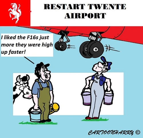 Cartoon: Twente Airport (medium) by cartoonharry tagged holland,enschede,twente,airport,farmers,boeren,koe,cow,milk,skyhigh,f16,boeing,cartoons,cartoonists,cartoonharry,dutch,toonpool