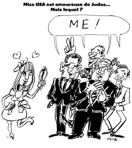 Cartoon: Lady Gag (medium) by Zombi tagged judas,paul,ron,obama,barack,gingrich,newt,romney,mitt,gaga,lady,iscariote