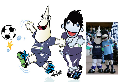 Cartoon: Sammy Shrimp and Elvis J.Eel (medium) by roundheadillustration tagged southend,football,soccer,mascot,eel,shrimp