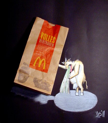 Cartoon: Real trust--volles Vertrauen (medium) by joschoo tagged trust,in,mcdonalds,cow,vomit,believe