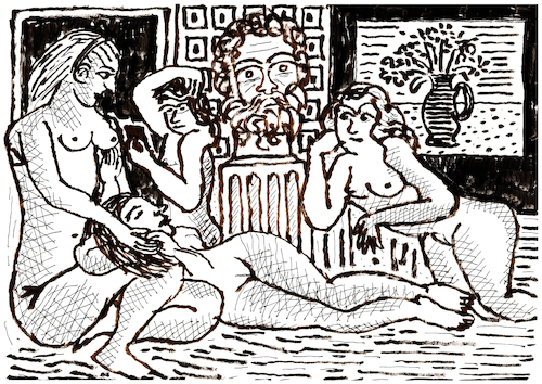 4 femmes nues et tete sculptee 4 femmes nues et tete sculptee