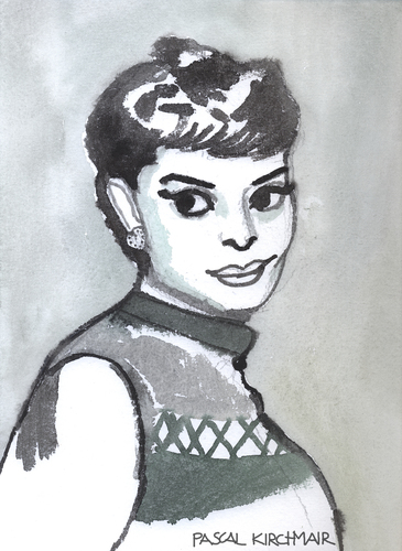 Cartoon: Audrey Hepburn (medium) by Pascal Kirchmair tagged hollywood,actress,actrice,schauspielerin,audrey,hepburn,caricature,cartoon,karikatur,portrait,aquarell,watercolour,attrice,actriz