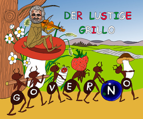 Cartoon: Beppe Grillo (medium) by Pascal Kirchmair tagged stelle,cinque,regierung,italien,italia,governo,lavoro,fabel,ameisen,grille,grillo,beppe,bewegung,protest