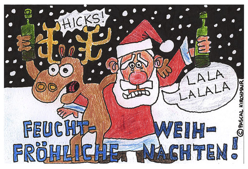 Cartoon: Besoffener Weihnachtsmann (medium) by Pascal Kirchmair tagged moose,elk,rentier,reindeer,rudolph,rudolf,rudi,elch,weihnachtsmann,besoffener,boozy,drunk,ivre,navidad,feliz,weihnachten,frohe,natale,buon,festtage,santa,claus,pere,noel,father,xmas,christmas