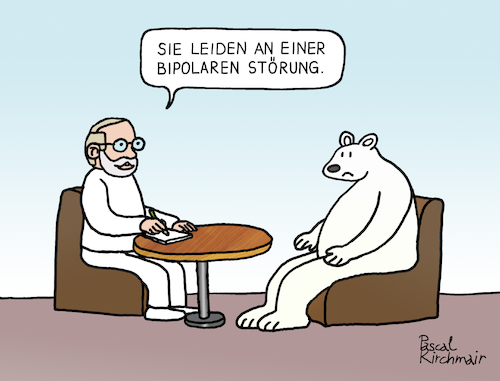 Cartoon: Bipolare Störung (medium) by Pascal Kirchmair tagged polar,ice,bear,ours,polaire,blanc,oso,blanco,orso,polare,bianco,urso,branco,eisbär,polarbär,bipolar,disorder,störung,psychiater,psychiatrist,psychiatre,gag,humour,umorismo,umore,spirito,humor,lustig,cartoon,caricature,karikatur,pascal,kirchmair,no,deal,illustration,drawing,zeichnung,political,politische,ilustracion,dibujo,desenho,ink,disegno,ilustracao,illustrazione,illustratie,dessin,de,presse,du,jour,art,of,the,day,tekening,teckning,cartum,vineta,comica,vignetta,caricatura,esprit,witz,polar,ice,bear,ours,polaire,blanc,oso,blanco,orso,polare,bianco,urso,branco,eisbär,polarbär,bipolar,disorder,störung,psychiater,psychiatrist,psychiatre,gag,humour,umorismo,umore,spirito,humor,lustig,cartoon,caricature,karikatur,pascal,kirchmair,no,deal,illustration,drawing,zeichnung,political,politische,ilustracion,dibujo,desenho,ink,disegno,ilustracao,illustrazione,illustratie,dessin,de,presse,du,jour,art,of,the,day,tekening,teckning,cartum,vineta,comica,vignetta,caricatura,esprit,witz