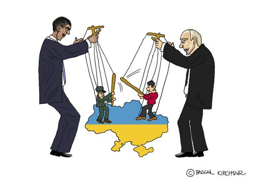 Cartoon: Die Puppenspieler (medium) by Pascal Kirchmair tagged guignols,puppenspieler,fädenzieher,marionetten,ukraine,vladimir,wladimir,putin,barack,obama,usa,karikatur,caricature,cartoon,ost,west,konflikt,russland,russie,russia