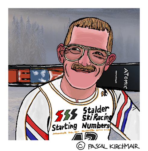 Cartoon: Eddie the Eagle (medium) by Pascal Kirchmair tagged saut,ski,zeichnung,sport,schispringen,jumper,jumping,eddie,the,eagle,michael,edwards,cartoon,caricature,karikatur,dessin,illustration