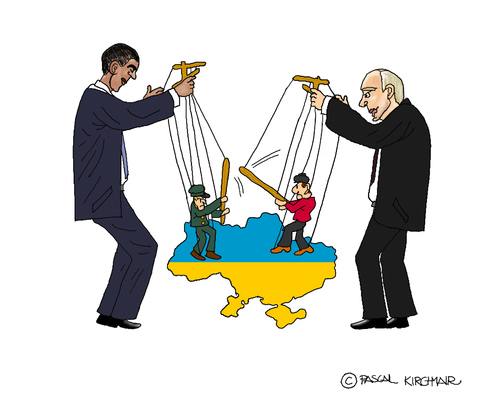 Cartoon: Fädenzieher (medium) by Pascal Kirchmair tagged guignols,puppenspieler,fädenzieher,marionetten,ukraine,vladimir,wladimir,putin,barack,obama,usa,karikatur,caricature,cartoon,ost,west,konflikt,russland,russie,russia