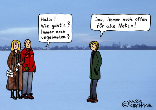 Cartoon: Frei und ungebunden (medium) by Pascal Kirchmair tagged smartphone,tarif,frei,und,ungebunden,offen,für,alle,netze,cartoon,karikatur,caricature,beziehungen