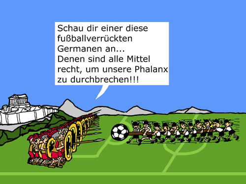 Cartoon: Germany versus Greece (medium) by Pascal Kirchmair tagged sturm,politik,euro,krise,stimmung,aufgeheizte,duell,spiel,phalanx,griechische,griechenland,deutschland,europameisterschaft,2012,em,fußball,deutsche,griechen,germanen,athener,match,football,stürmer,verteidigung,foot,soccer,greece,germany