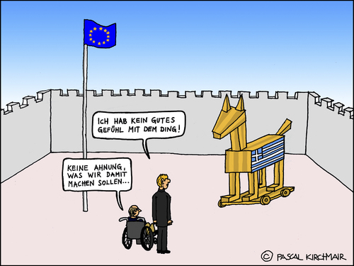 Cartoon: Grexit (medium) by Pascal Kirchmair tagged grexit,greece,griechenland,troja,trojanisches,pferd,troy,karikatur,caricature,cartoon,alexis,tsipras,varoufakis,wolfgang,schäuble,finanzen,finanzminister