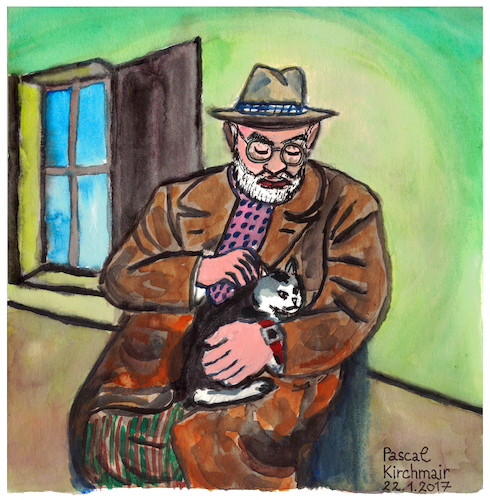 Cartoon: Henri Matisse mit Katze (medium) by Pascal Kirchmair tagged henri,matisse,chat,cat,katze,aquarell,watercolour,portrait,portret,cartum,henri,matisse,chat,cat,katze,aquarell,watercolour,portrait,portret,cartum