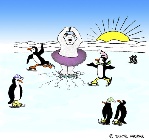 Cartoon: Ice Dancing Ice Bear (medium) by Pascal Kirchmair tagged eisloch,south,sud,südpol,einbrechen,through,bad,breaking,eistanzen,pinguine,skating,eislaufen,nord,pole,north,nordpol,tutu,bear,ice,dancing,blanc,ours,eisbär,pinguins,hole