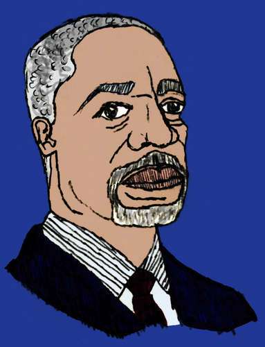 Cartoon: Kofi Annan (medium) by Pascal Kirchmair tagged kofi,atta,annan,uno,generalsekretär,vereinten,nationen,united,nations,ghanaian,diplomat,seventh,2001,nobel,peace,preis,prize,friedensnobelpreis,secretary,general