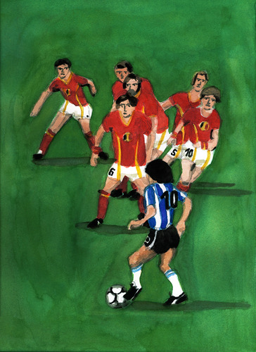 Cartoon: Maradona vs. Belgium (medium) by Pascal Kirchmair tagged aquarell,watercolour,diego,armando,maradona,belgium,belgique,belgia,belgien,football,foot,soccer,cartoon,fußball,argentina,argentinien
