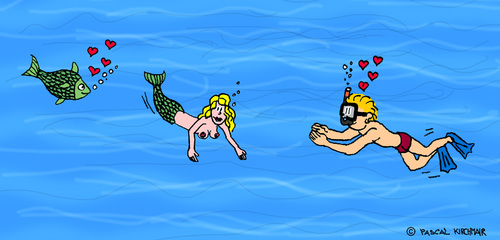Cartoon: Underwater Love (medium) by Pascal Kirchmair tagged ondina,sirena,wassernixe,mermaid,siren,sirene,meerjungfrau,nixe,seejungfrau,taucher,fisch,comic,caricature,bd,cartoon,bulles,luftblasen,bubbles,liebe,love