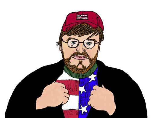 Cartoon: Michael Moore (medium) by Pascal Kirchmair tagged shame,truth,awful,the,11,fahrenheit,columbine,for,bowling,hollywood,kritiker,filmemacher,moore,michael,usa,amerika,men,white,stupid,on,you,mr,bush