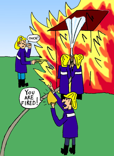 Cartoon: The fired firefighter (medium) by Pascal Kirchmair tagged pompiers,fuoco,sul,benzina,gettare,feu,le,sur,huile,de,jeter,feuer,ins,öl,goß,feuerwehrmann,gefeuerte,der,fire,on,oil,threw,firefighter,fired,the