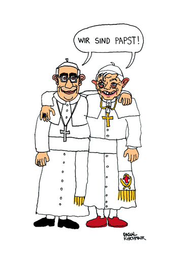 Cartoon: Popes rule the world (medium) by Pascal Kirchmair tagged papa,pape,pope,francesco,francois,xvi,benoit,papes,papas,popes,päpste,papst,ratzinger,bergoglio,franziskus,benedikt,benedetto,francis