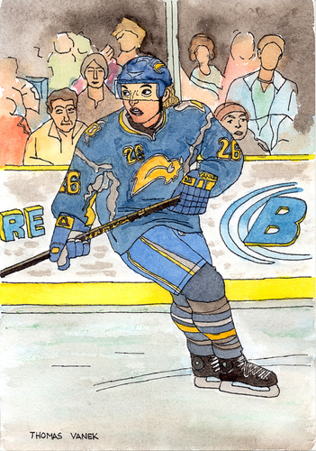 Cartoon: Thomas Vanek (medium) by Pascal Kirchmair tagged eishockey,glace,sur,hockey,ice,league,national,nhl,sabres,buffalo,baden,vanek,thomas,star,austria,österreich