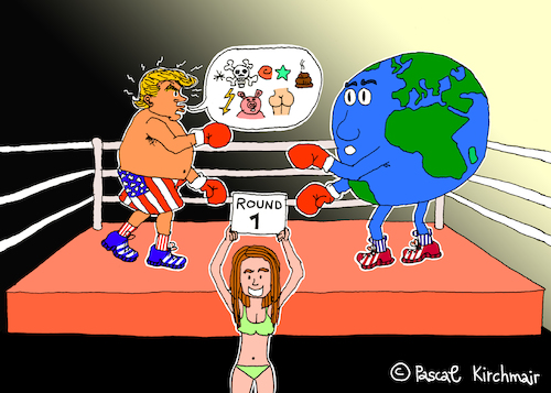 Cartoon: Trump against the World II (medium) by Pascal Kirchmair tagged donald,trump,world,cartoon,caricature,karikatur,vignetta,dibujo,desenho,dessin,humour,humor,zeichnung,usa,boxkampf,boxer,ring,box,fight,boxing,match,donald,trump,world,cartoon,caricature,karikatur,vignetta,dibujo,desenho,dessin,humour,humor,zeichnung,usa,boxkampf,boxer,ring,box,fight,boxing,match
